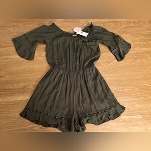 Soprano, Green Ruffled Hem Jumpsuit with Elastic Waistband, size S, bohemian